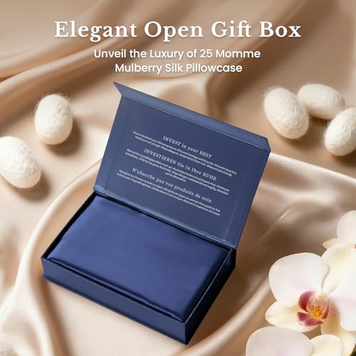 Image of THXSILK 25mm 100% Pure Mulberry 6A+ Silk Pillowcase for Hair & Skin with Zipper Closure, Cooling, Natural, Organic, Double Sided Silk Pillow Case with Gift Box(Navy Blue, Queen 20 inchx30 inch, 1pc)