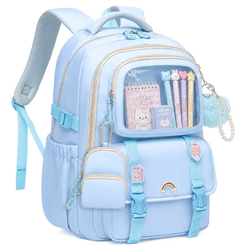 QIXIHU Girls Backpack Kawaii Kids Backpacks for Girls Multiple Pockets School Bookbag for Girl for Primary Elementary School Age 6-12 Years Old Blue
