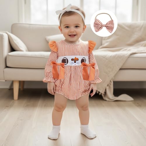 Baby Girl Football Outfit Smocked Bubble Romper Ruffle Long Sleeve Onesie Plaid Jumpsuit Fall Winter Clothes2