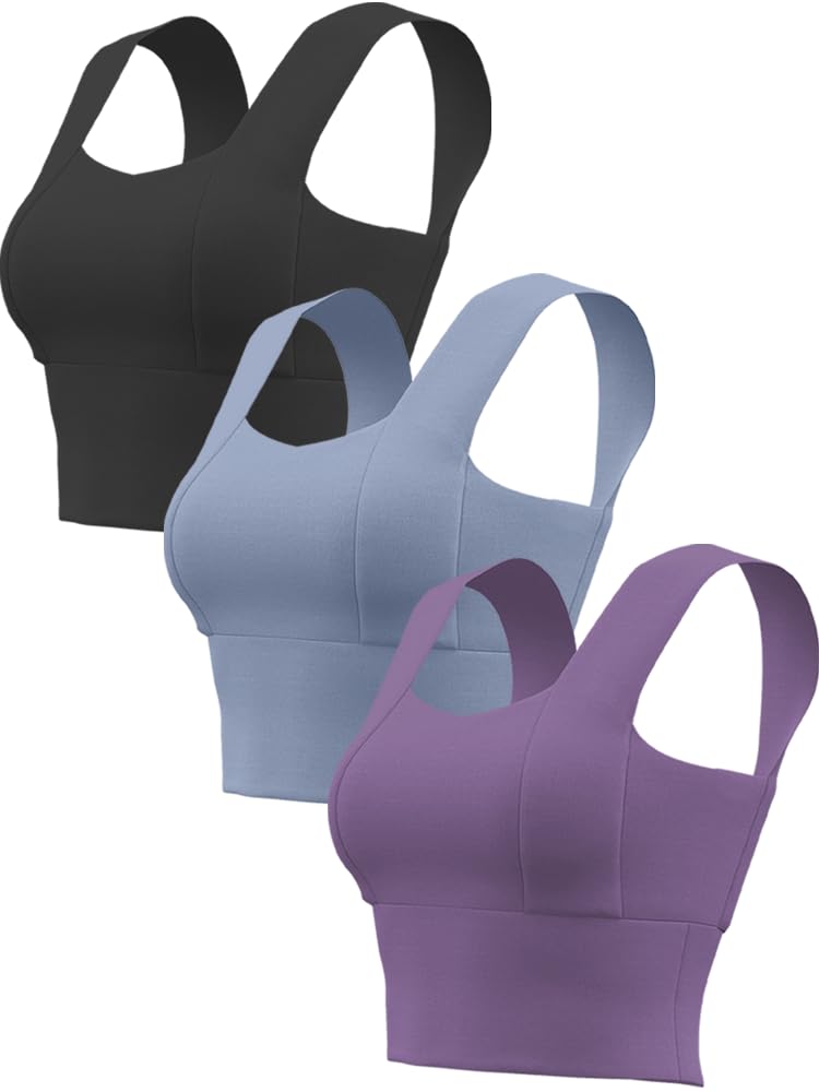 VKUJDT 3 PCS Brasieres Deportivos Mujer, Sujetador Deportivo de Yoga sin Hombros Anchos, Soporte de Alto Impacto sin Varillas y Espalda, A Prueba de Golpes y Antiflacidez, para Pilates, Fitness,Correr - M - Negro+Morado+Azul