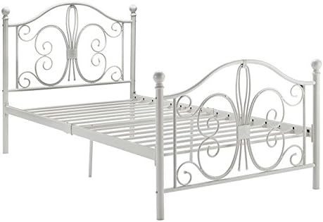 DHP Bombay Metal Platform Bed with Parisian Style Headboard and Footboard, Adjustable Base Height for Underbed Storage, No Box Spring Needed, Twin, White