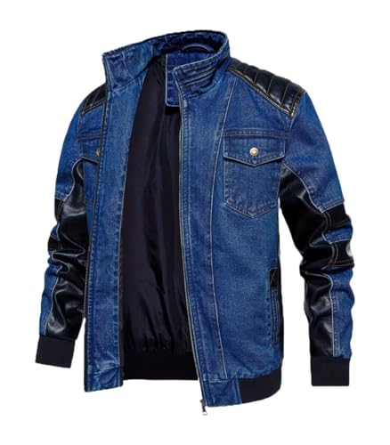 INVACHI Men’s Denim & PU Faux Leather Biker Jacket With Stand Collar Motorcycle Jean Jacket for Men2