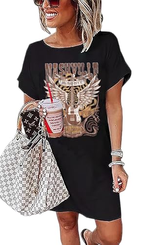 Image of Vintage Rock Country Music Dress for Women Rock Concert Band Graphic Tshirt Casual Letter Print Short Dress