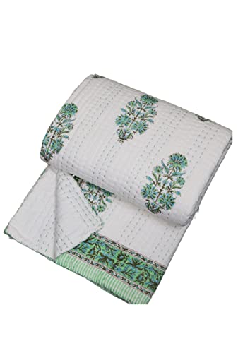 INDACORIFY Indische schöne Kantha-Quilt-Handblock-Baumwolldecke mit Blumenmuster, böhmische Bettwäsche, Tagesdecke, Größe 90 x 108 Zoll Cover