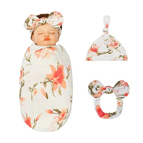 Image of insular Swaddle Blankets Beanie Hat Headband Sets, Newborn Baby Girl Swaddle Sack, Receiving Blankets Infant Baby Gifts, Photo Props Photography(White Lily)