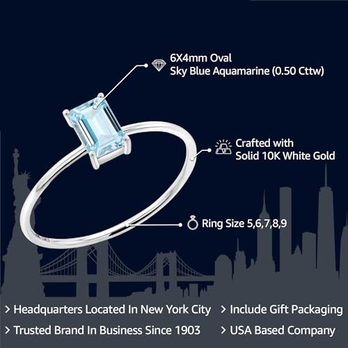 Gem Stone King 10K White Gold 6X4MM Emerald Cut Gemstone Birthstone Solitaire Engagement Ring for Women | Wedding Anniversary Promise Gold Ring | Available In Size 5 to 92