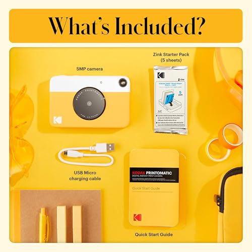 Image of Kodak Printomatic Full-Color Instant Print Digital Camera - 75 Sheets Bundle - Prints On Zink 2x3 Sticky-Back Photo Paper - 5MP, Portable, Creative Fun Gift for Birthday, Christmas, Holiday -Yellow