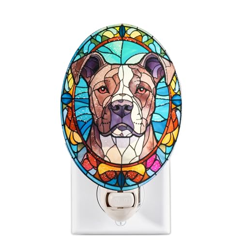 Image of Dog Night Light Pitbull, Stained Glass Styled Plug-in Wall Nightlight, Bulb Included, Pet Memorial Dog Lover Gift, Bedroom Hallway Bathroom Decor, Manual On /Off Switch