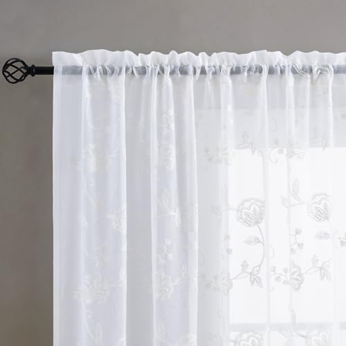 Image of Sheer Curtains Floral Embroidery White 84 Inch Long Rod Pocket Lace Drapes for Living room, Bedroom, 2 Panels, 52 inchx84 inch, Semi Voile Pattern Outdoor Window Treatment Sets for Yard, Patio, Villa, Parlor.