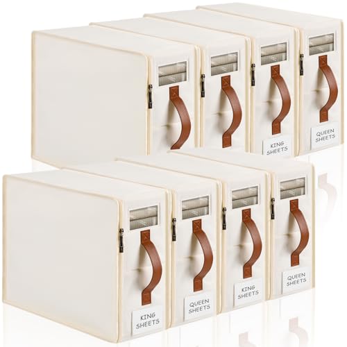 Bed Sheet Organizer 8 Pack, No Insects Entry Bedding Storage Box with Zipper, Label, Handle, Window, Linen Closet Organizers and Storage for Sheet Set, Clothing, Duvet Covers, Toys