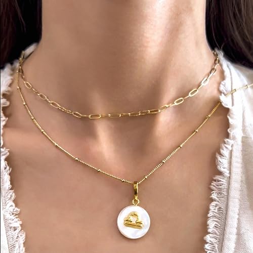 Zodiac Gold Sign on White Pearl & Shell Necklace - 2 Layered & Separate Chain with Dainty Disc Shell Pendant, Featuring 12 Constellations, Perfect Jewelry for Birthday Gifts3
