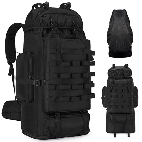 LibSkyln 70L/100L Camping Hiking Backpack with Rain Cover, Expandable Large Military Tactical Backpack, Waterproof Molle Racksack Travel Backpacking Daypack for Climbing Trekking (Black)