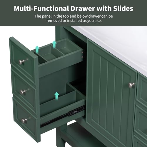 Image of Favfurish 36 inch Bathroom Vanity with Ceramic Sink,Undermount Single Basin Bath Vanity Set w /Soft-Close Door and 3 Drawers,Modern Freestanding Storage Cabinet w /Open Shelf,Solid Wood Frame,Green