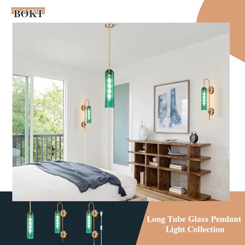 Image of BOKT Modern Gold Plug in Wall Sconce Green Glass Bedside Wall Light Fixtures Plug in Cord Mid Century Long Metal Wall Sconce Single Bathroom Bar Wall Lamp (Green)