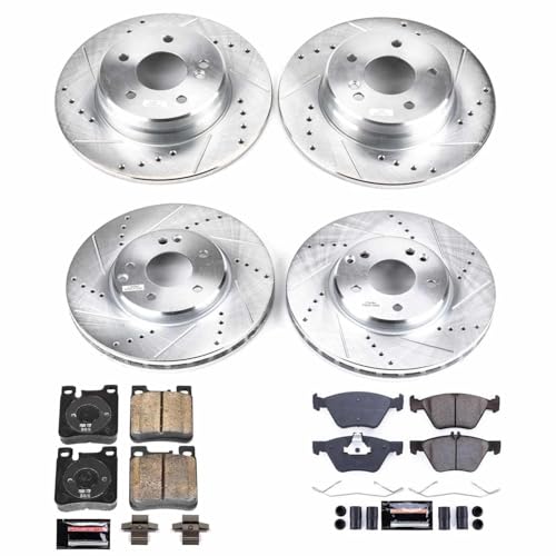 Image of PowerStop Front and Rear Brake Kit for Mercedes-Benz CLK320 1998-99 |CLK430 1999 |E300 1998-99 |E320 1996-00 - Drilled and Slotted Disc Rotors with Carbon-Fiber Ceramic Brake Pads Replacement, K2785