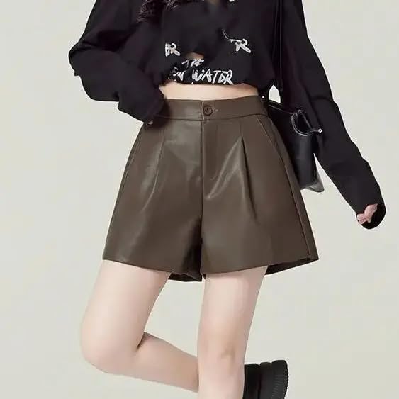 Pantalones cortos de otoño e invierno para mujer, cintura alta, estilo coreano, holgados, de pierna ancha, café, S