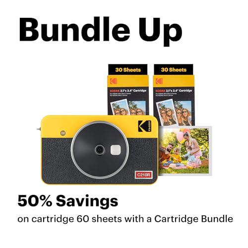 KODAK Mini Shot 2 Retro 4PASS 2-in-1 Instant Digital Camera and Photo Printer (2.1x3.4 inches) Initial 8 Sheets + 60 Sheets Bundle, White