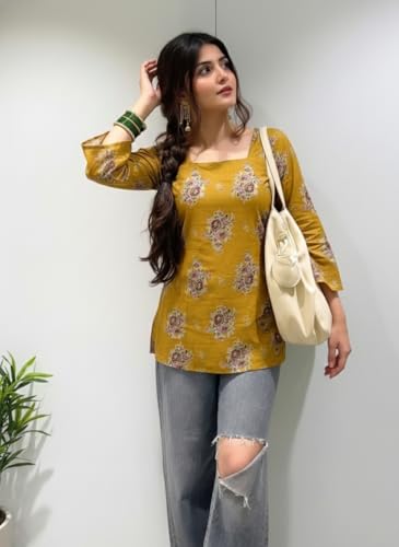 Image of ANNI Designer Women's Viscose Blend Printed Short Kurti | Straight Fit Casual Ethnic Top | Square Neck Full Sleeve Kurta Office College