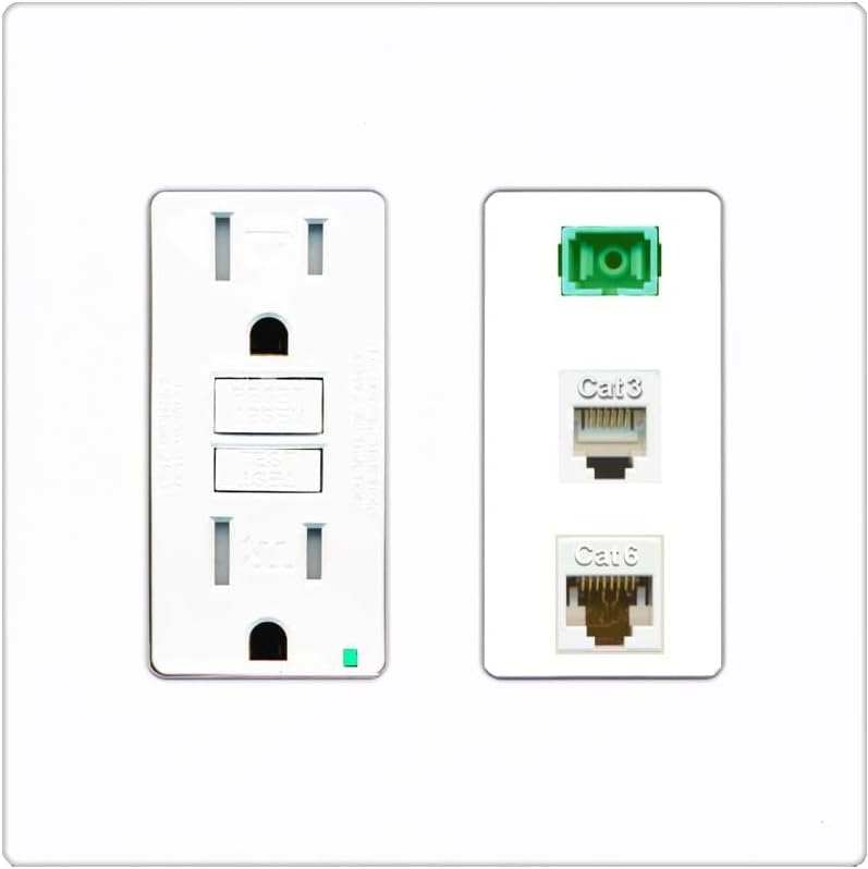 RiteAV 1 Port SC APC Simplex Phone and Cat6 Ethernet Wall Plate - GFCI Outlet [Screwless White]