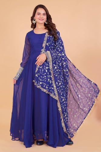 Image of ROYALICA Women's Georgette Gown Set with Solid Pattern Floor Length Round Neck Fit & Flare Full Sleeves Gown Pant and Embroidery Work Dupatta | Anarkali Gown Set for Women