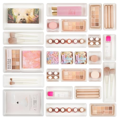 Vtopmart 25 PCS Plastic Drawer Organizers Set, 4-Size Versatile Bathroom and Vanity Drawer Organizer Trays, Storage Bins for Makeup, Bedroom, Kitchen Gadgets Utensils and Office