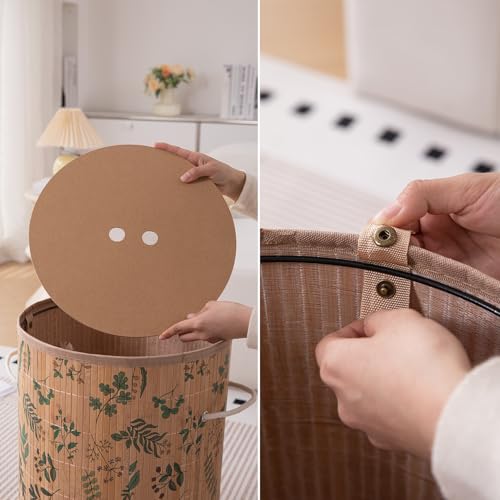 Image of HOKIPO Eco-Friendly Foldable Bamboo Laundry Basket Hamper with Lid, Large, 61 Litre, Fern Leaves (AR-5752), Brown
