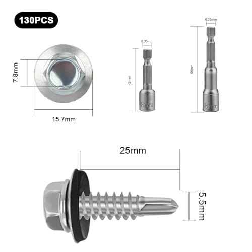130 Stück Trapezblechschrauben Selbstschneidende Schrauben, 5,5 x 25 mm Sechskant Spenglerschrauben, Bohrschrauben mit Dichtscheibe, Selbstbohrende Schrauben für Stahl Blechdach Metallschrauben
