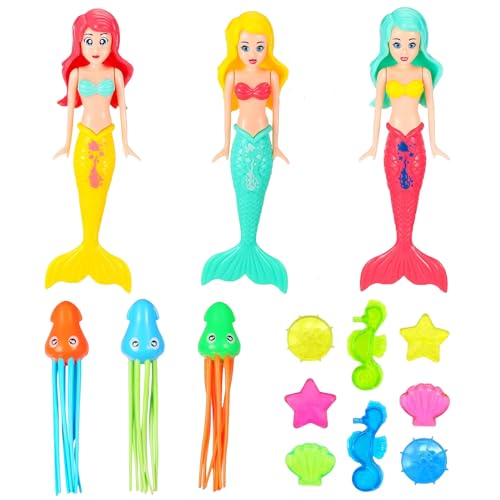 COSORO 14 Pezzi Giocattoli da Immersione Giochi per Piscina,Giochi Acquatici per Bambini 3 Sirene 3 Calamaro 8 Gemme Marine Giocattoli Subacquei per Allenamento Subacqueo e Feste per 3-12 Anni