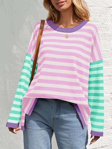 Saodimallsu Womens Striped Oversized Sweaters Color Block Crew Neck Long Sleeve Loose Knit Pullover Sweater4