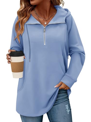 onlypuff Women Hoodie Pullover Trendy Quarter Zipper Lapel Sweatshirts Drawstring Cute Hooded Tunic Tops with Side Pockets