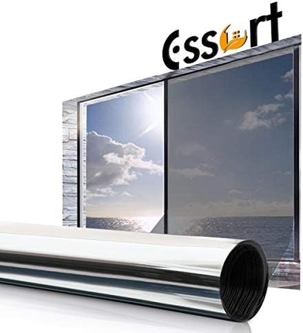 Essort Window Films, Privacy Film for Glass Windows Bubble Free Self Adhesive One Way Privacy Sun Blocker Heat Reflective Blackout for Home Office Decor Silver 60x200cm