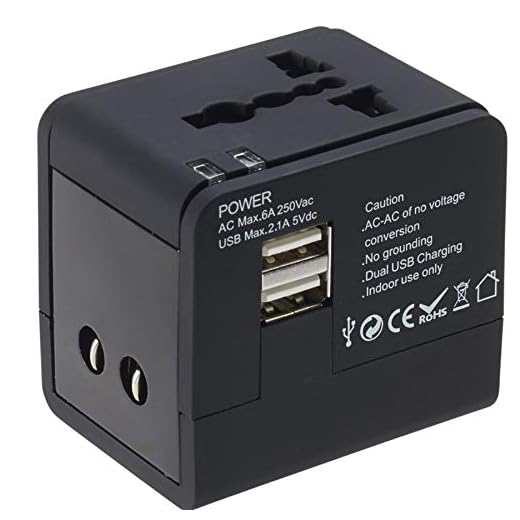 Lewis N. Clark Global Wall Adapter + Portable Charger with Dual USB Ports for Standard + Recessed Outlets (over 175 countries) for Cell Phones, Tablets, Laptops, Black