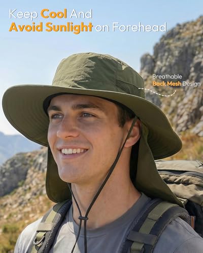 Image of Sun Hats for Men Wide Brim Bucket Hat with Neck Flap for Fishing & Hiking Mens Sun Hat for UV Protection