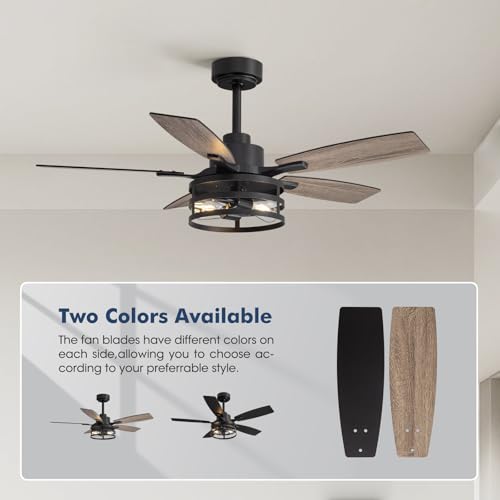 Image of 42 Inch Flush Mount Ceiling Fans with Lights and Remote Control, Farmhouse Ceiling Fan with LED Lighting for Bedroom Living Room and Patio, Black Caged Ceiling Fan for Indoor and Outdoor(NO Bulbs)