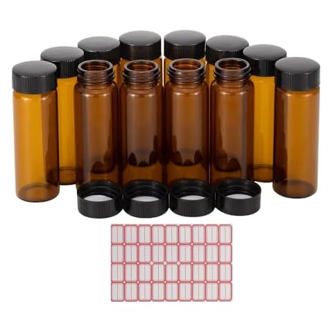 Kesell 12Pcs 30ML Amber Brown Glass Bottle with Black Caps for perfume oils and other liquids (Comes with red handwritten sticker paper) Cover