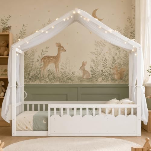 Image of Bellemave Full House BedFrame with Canopy, Montessori House Bed with LED and Bookshelf and Rails for Kids, White