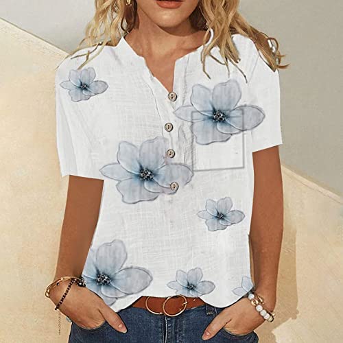 White Sexy Tops For Women Date Night Summer Floral Pattern Blouses & Button Down Shirts V-Neck Short Sleeve Comfy Dressy Tshirts Shirts For Women Graphic Vintage 3X #TOP1