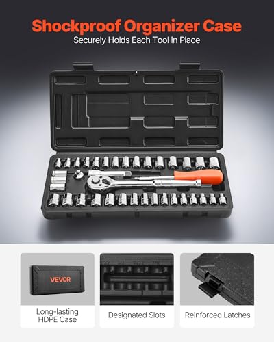 Image of VEVOR Socket Set, 39 Pieces, 3 /8 & 1 /4 inch Drive Socket and Ratchet Set, SAE and Metric Size, Mechanic Tool Kit with Ratchet Wrench, Accessories, Storage Case, CR-V Alloy Steel, for Automotive Repair