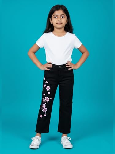 Image of KiddoPanti Girls Solid Waist Elasticated Straight Fit Jeans