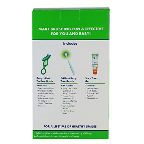 Image of First Teeth Oral Care Kit by Brilliant Oral Care- Set has Baby's 1st Teether-Brush, Brilliant Baby Toothbrush and 2oz Spry Xylitol Tooth Gel, Infants Age 4 Months Old and Up, Baby Must Haves, Blue