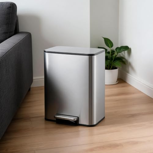 GarveeMore Poubelle de cuisine rectangulaire slim en inox – Pédale mains libres, couvercle fermeture douce, seau intérieur amovible, anti-odeurs – 13 L – 29,5×26×38 cm – Acier inoxydable