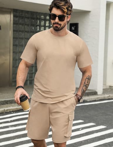 Babioboa Men's Short Sets 2 Piece Outfits Short Sleeve Crewneck Summer T Shirt and Drawstring Casual Track Shorts Set2