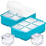 KitchFort Large Silicone Ice Cube Tray (2-Pack), Easy Release 2' Big Ice Cubes - Cocktail, Whiskey Ice Cubes Mold - Ice Trays for Freezer with Lid - Stackable Silicone Ice Tray - Turquoise