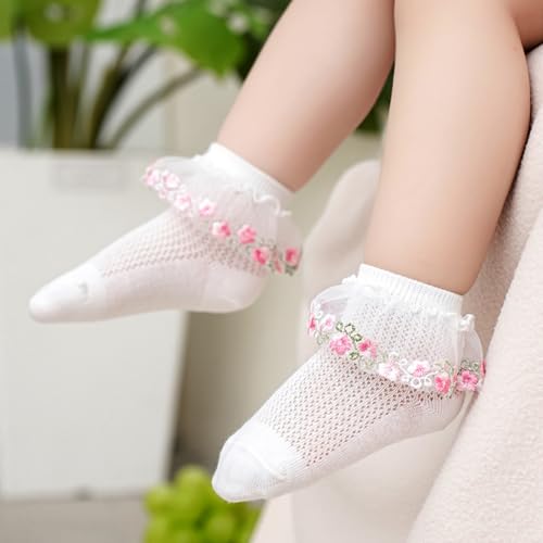 Toddler Girls Ruffle Socks Baby Set Embroidered Flowers Infant White Thin Socks 3 Pair Pack4