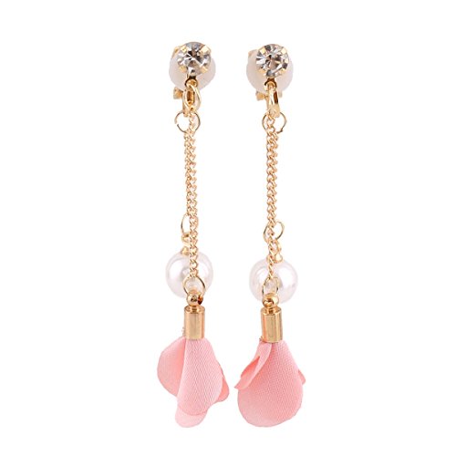 Grace Jun™ Handmade Frabic Flower Simulated Pearl Tassel Clip On Earrings No Pierced For Women Gold Platedear Clip (Pink) #TOP16