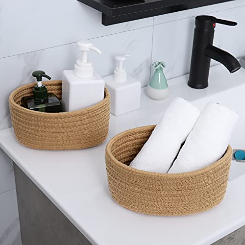 ABenkle 【2 Pack】 Small Woven Baskets, Tiny Oval Shallow Storage Baskets, Mini Cotton Rope Empty Decorative Basket, Boho Little Organizer Bins for Nursery Room Kids Baby Dog Toy Gifts