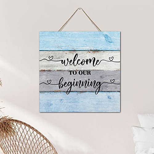 Panneau Welcome To Our Beginning bois rustique pour habiller un mur de salle de bain