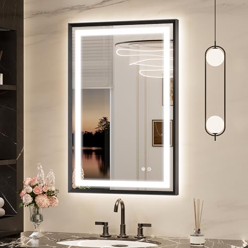 Keonjinn 24x36 Inch Black LED Bathroom Mirror with Lights, Beveled Edge