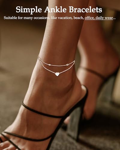 Image of FUNEIA Gold Silver Ankle Bracelets for Women Waterproof 14K Gold Plated Anklets for Women Non Tarnish Dainty Layered Beaded Heart Anklet Set Summer Beach Foot Chain Jewelry Gifts Trendy Stuff