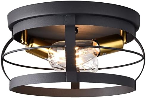 SiyLieu Flush Mount Ceiling Light Fixture,2-Light Industrial Metal Close to Ceiling Lights,Farmhouse Lighting for Hallway Bedroom Kitchen Dining Room Laundry,Black and Gold.